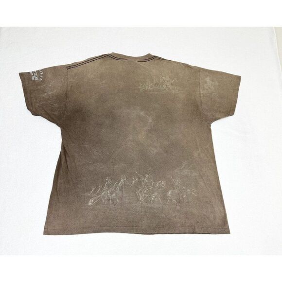 Vintage 90s Atlanta Boot Village Western T-Shirt XL Brown Native American AOP - Picture 3 of 8